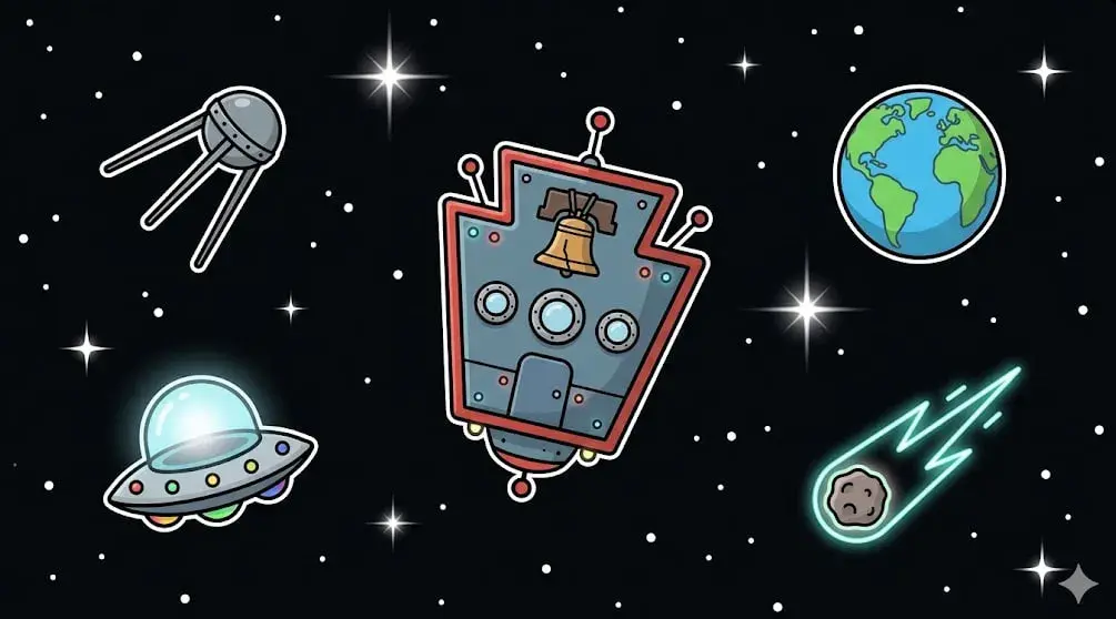 Cartoon spaceship shaped like a bell floating in space with Earth, UFO, satellite, and comet, representing cosmic casino theme for www.freeslots99.com